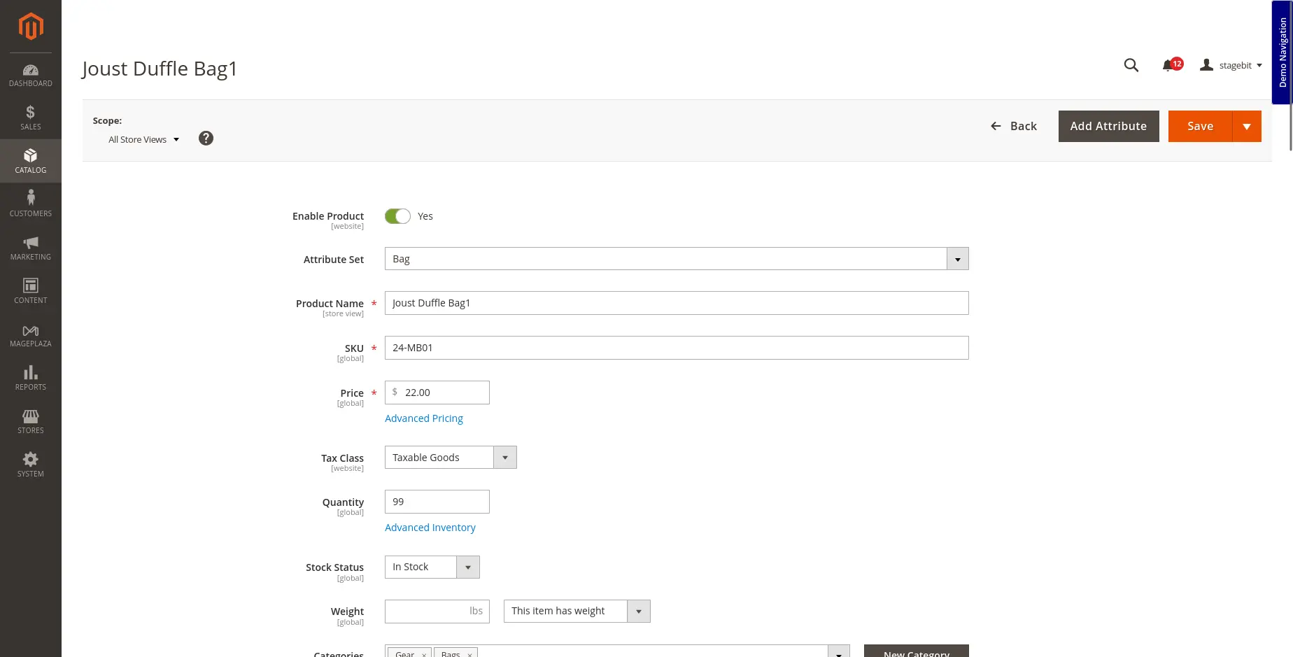 Magento 2 admin panel showing the product edit screen