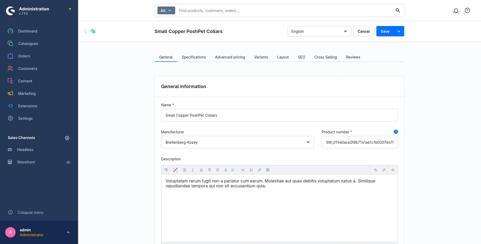 Shopware 6 admin panel showing the product edit screen