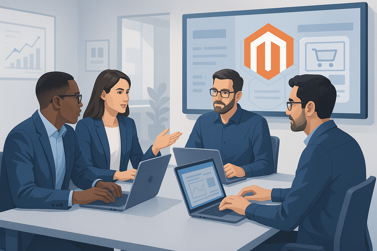 A team of expert developers strategizing on how to hire Adobe Commerce developers for a complex project.