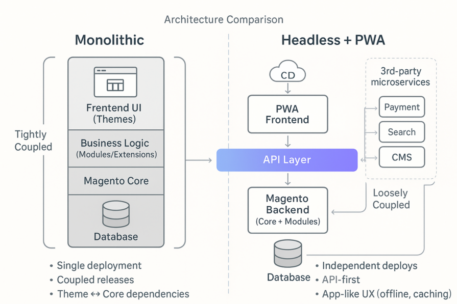 A clear diagram illustrating the decoupled architecture of Headless Commerce & PWAs in Magento.
