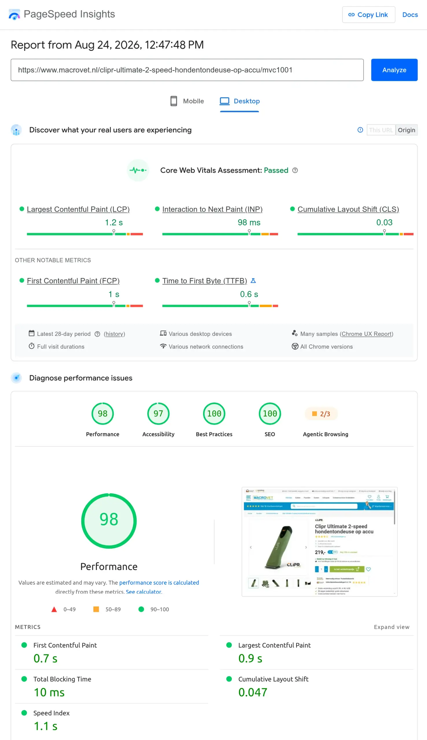 Google PageSpeed Insights report showing 90 plus performance scores for Macrovet.nl after the Shopware 6 migration