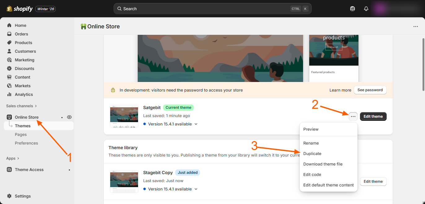 Shopify theme library menu showing the duplicate theme option