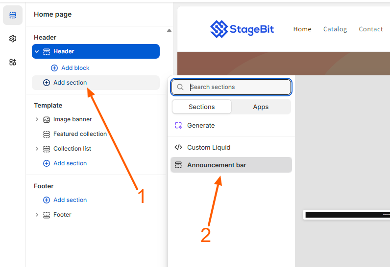 Customizing announcement bar text and header settings in Shopify