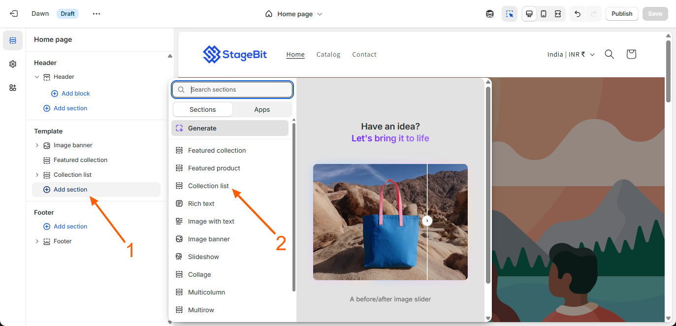 Sidebar controls for moving and rearranging Shopify theme sections