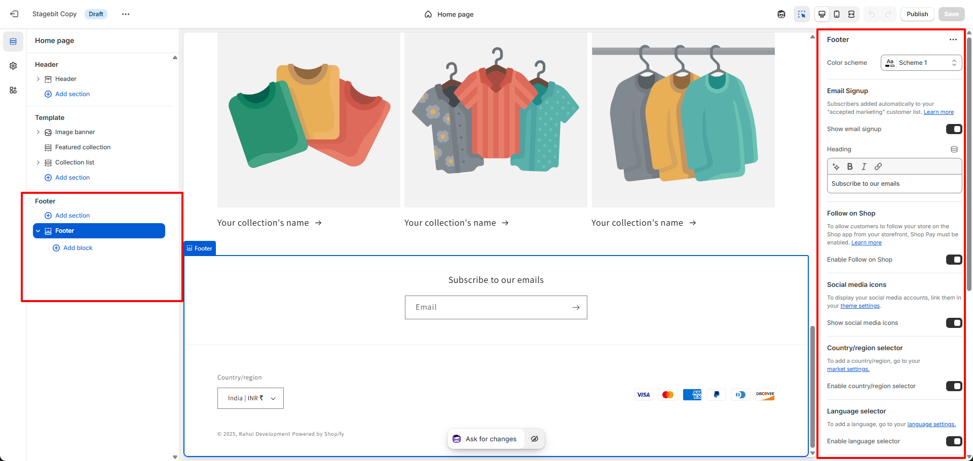 Configuring footer menus and social media icons in the Shopify editor