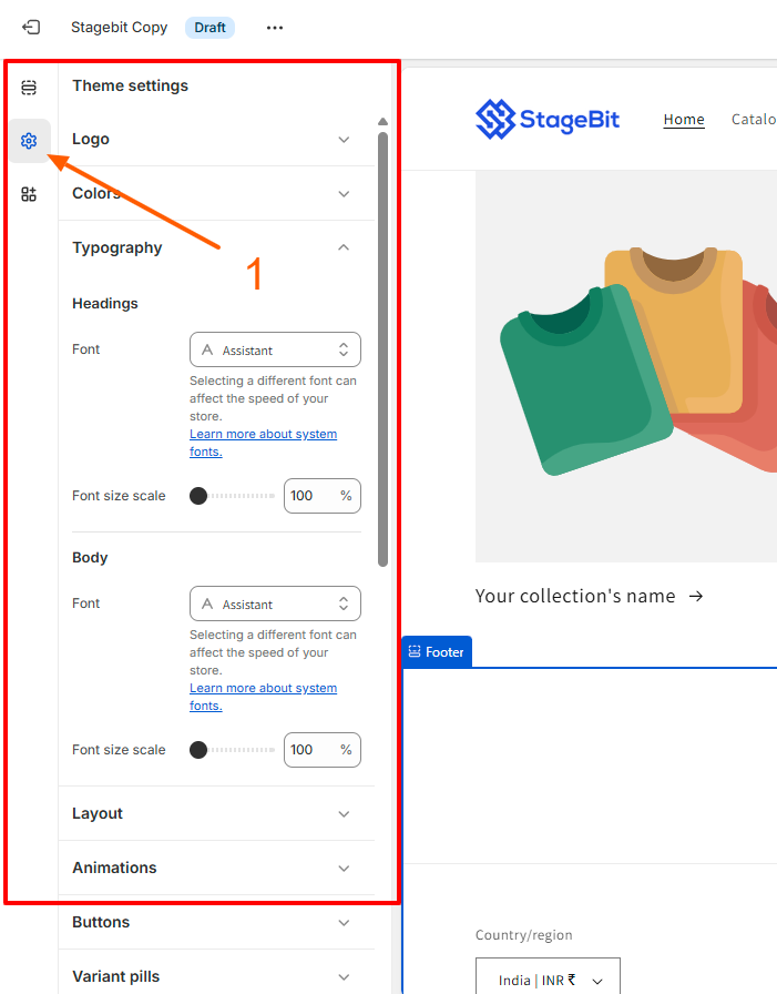 Global theme settings menu showing typography and color options