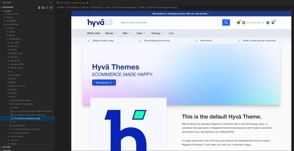 Preview screenshots of Hyvä UI menu component