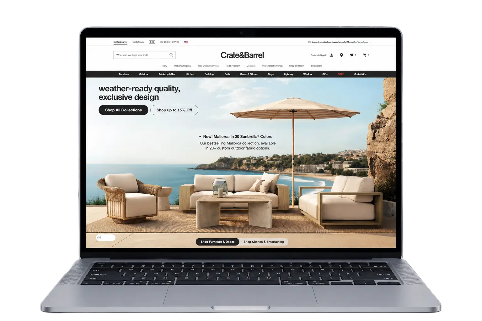 Crate & Barrel ecommerce storefront built on Magento 2, displayed on desktop with performance metrics overlay