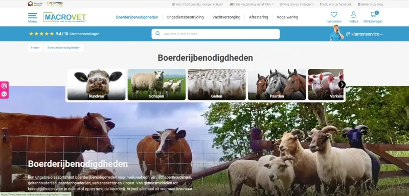 Macrovet Shopware 6 category page with products organised by species and use-case
