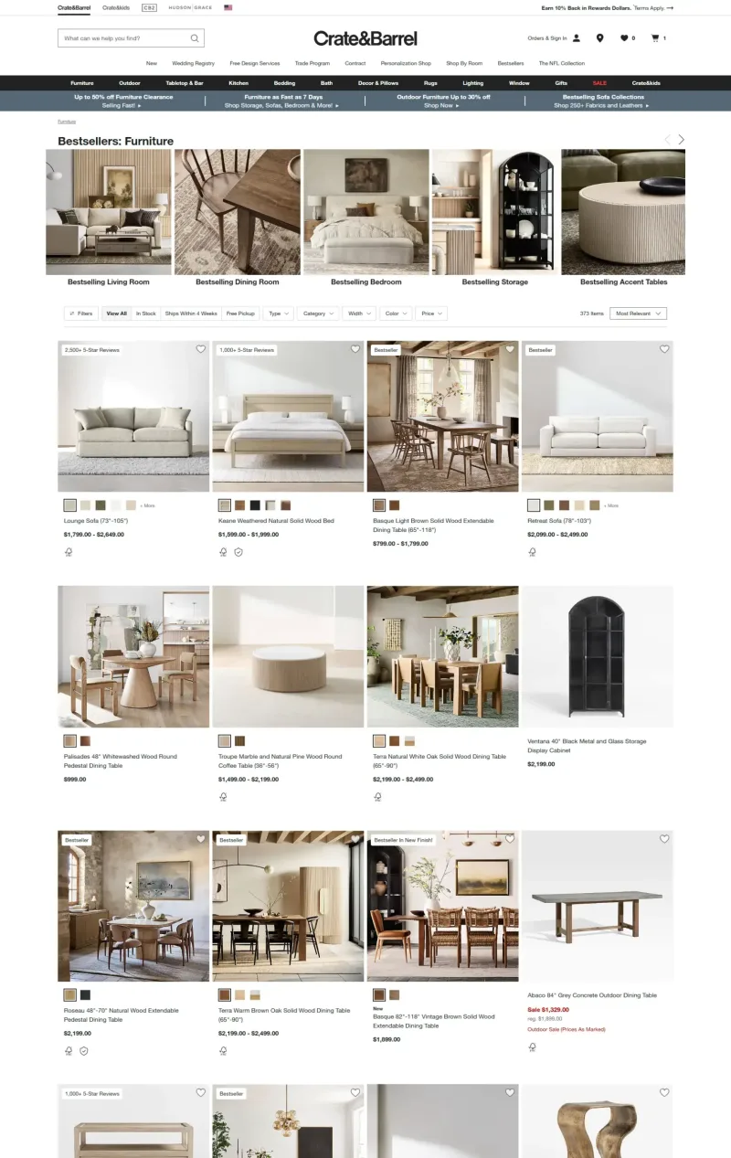 Crate & Barrel category page with large product catalog organization