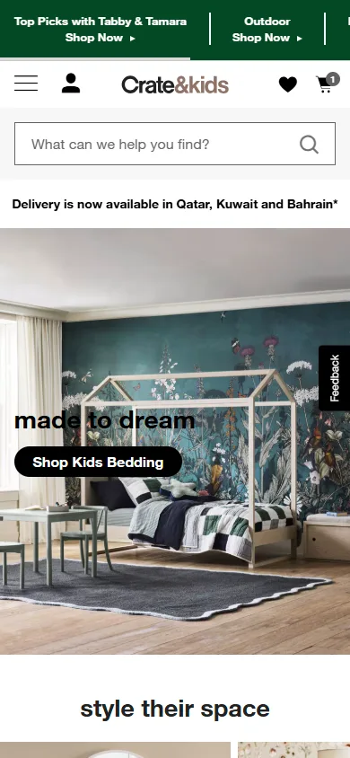 Crate & Barrel mobile product listing page with category filters and furniture grid