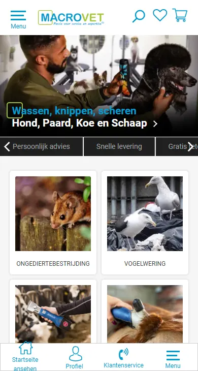 Macrovet.nl mobile homepage on Shopware 6 Evolve after Magento 1 migration with zero downtime and high performance optimization