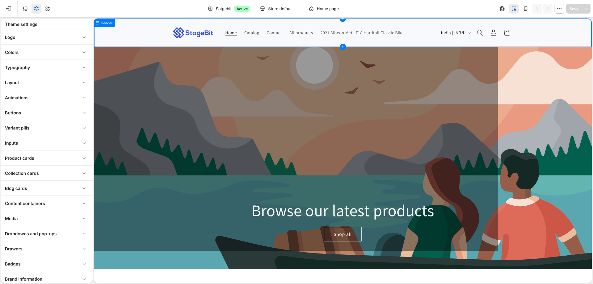 Shopify theme editor showing the storefront customizer with sections, colors, typography, and layout settings