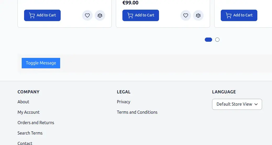 Hyvä custom module Toggle Message button before being clicked, on a live Magento storefront