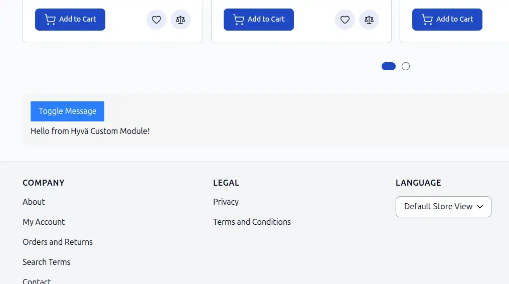 Hyvä custom module showing the revealed message after the Toggle Message button is clicked