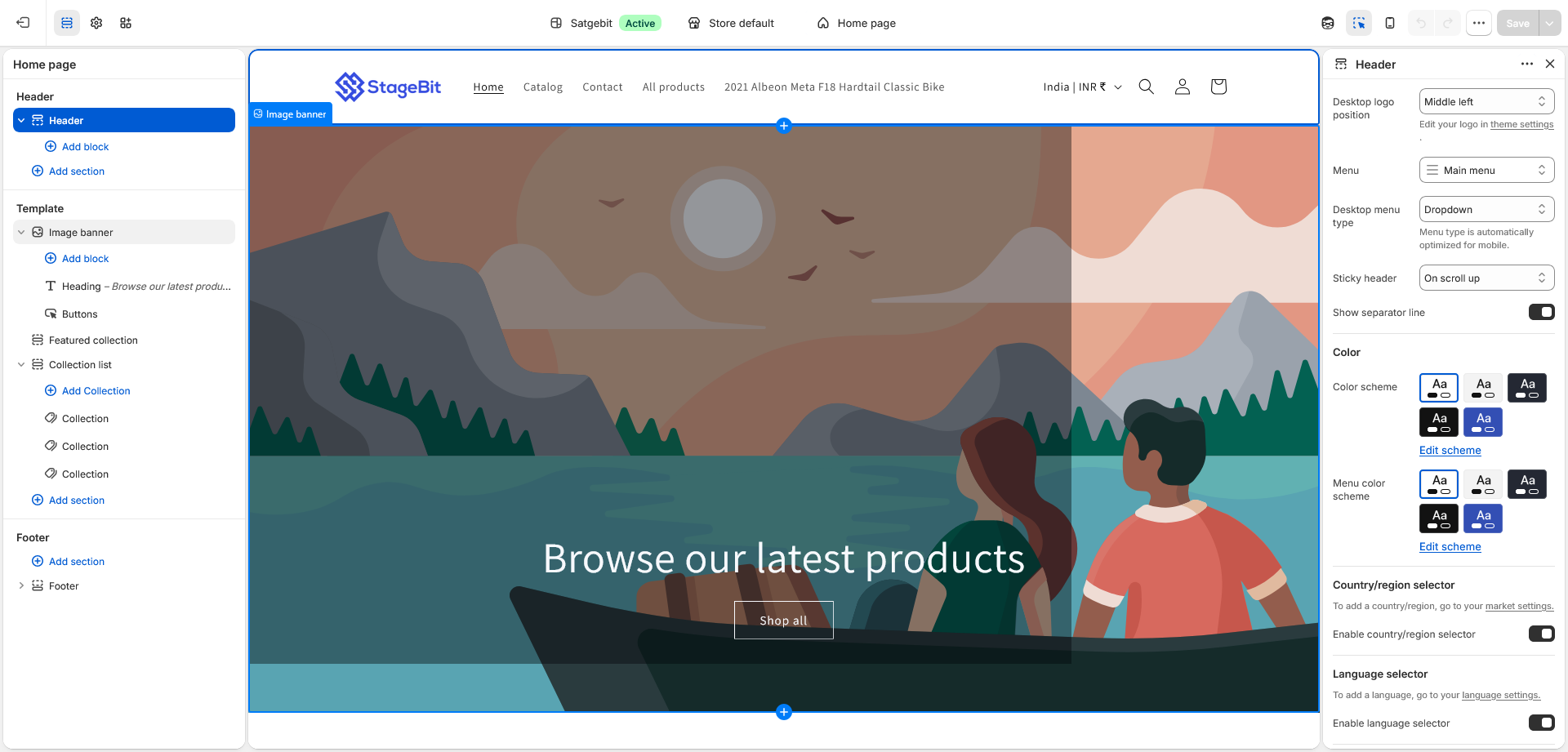Shopify theme editor showing homepage sections, logo upload, and navigation settings