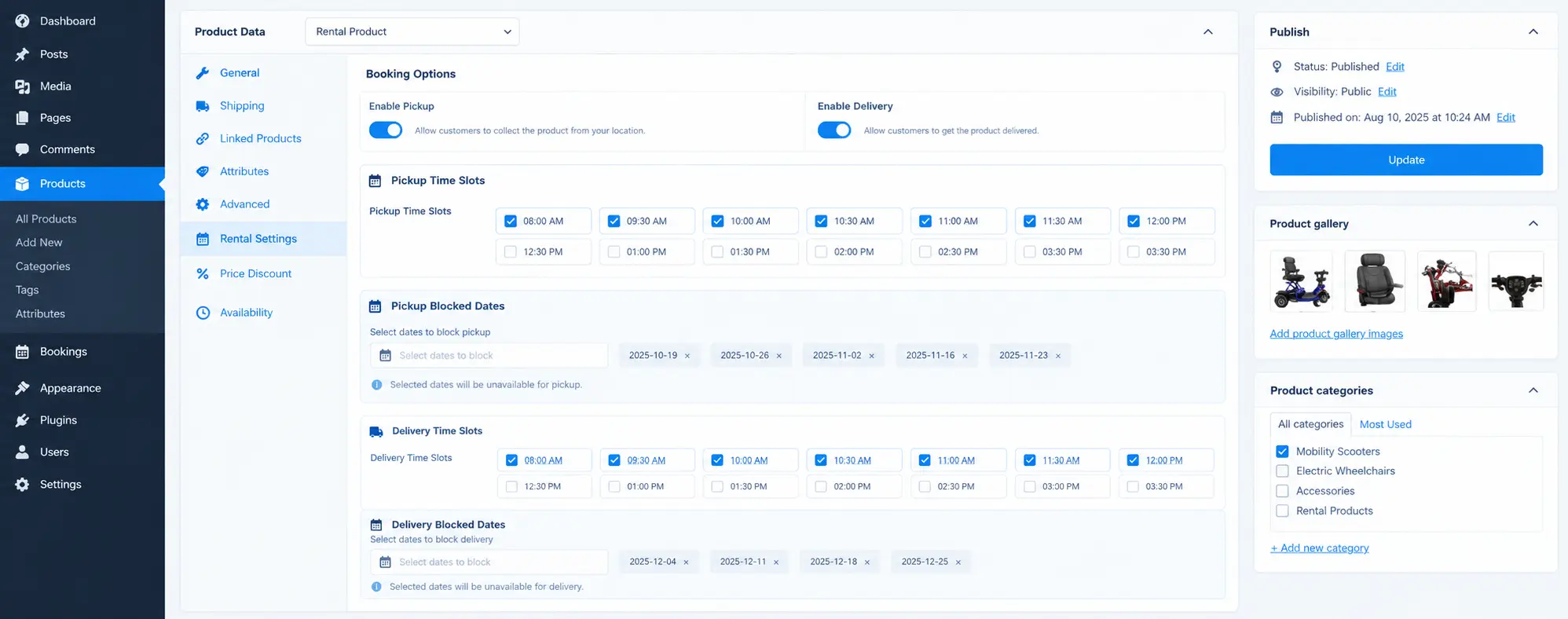 Illustration of the admin settings for enabling pickup and delivery, time slots, and blocked dates per product