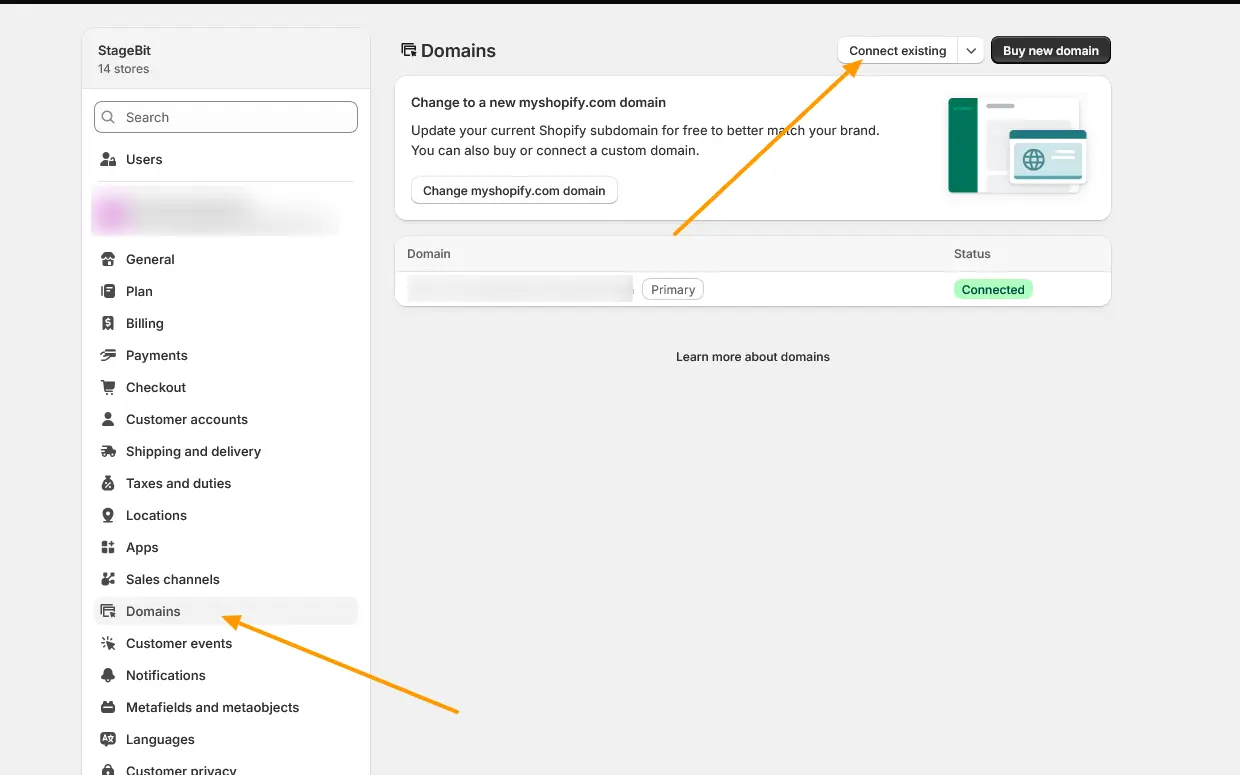 Shopify admin Domains page showing the Connect existing domain button