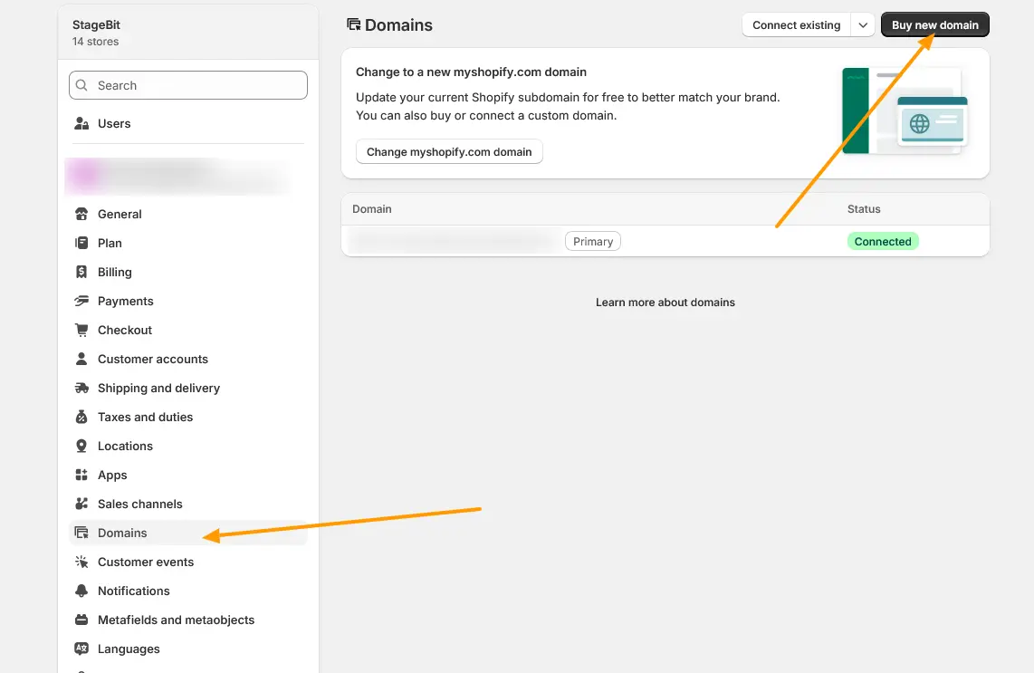 Shopify admin Domains settings showing the Buy new domain option