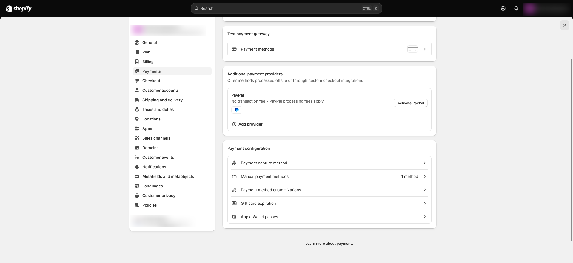 Shopify admin Payments settings screen showing where a store's transaction fee rate is displayed
