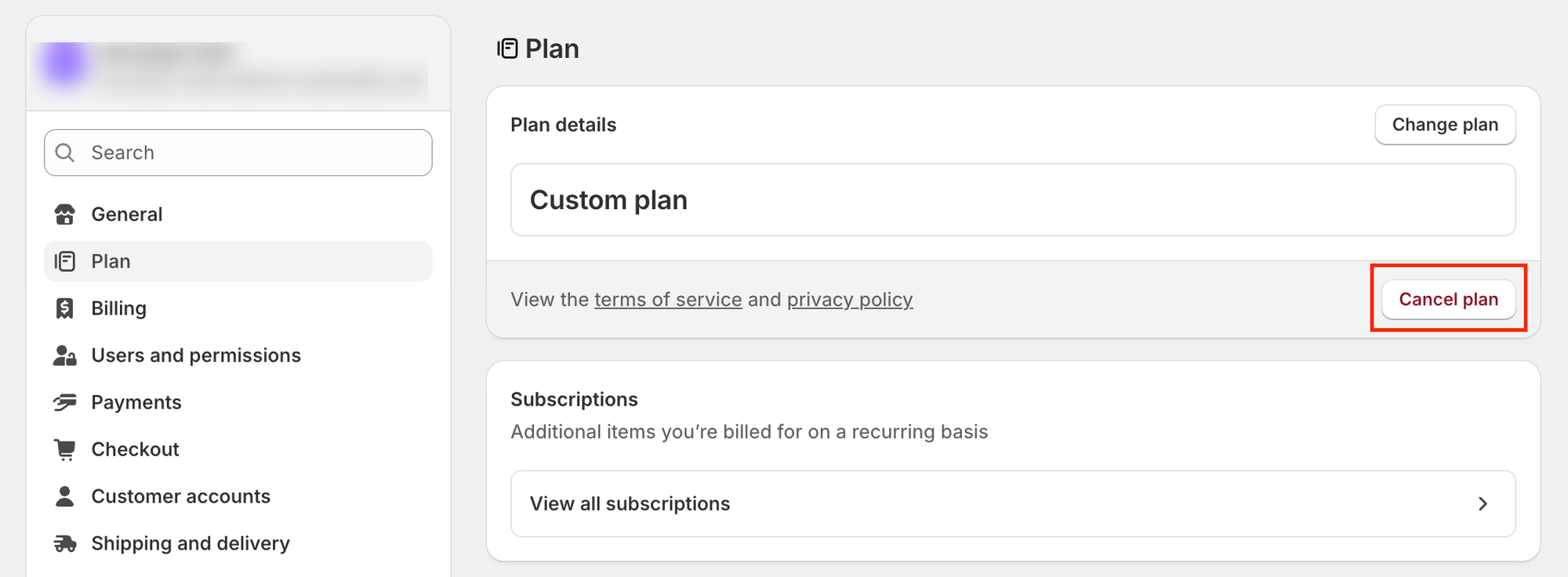 Shopify admin Settings, Plan, Cancel plan screen showing the Pause and Build option