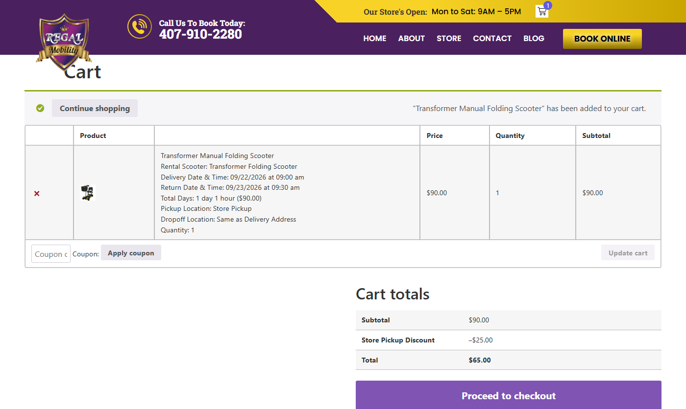 Regal Mobility Rentals cart page, desktop view