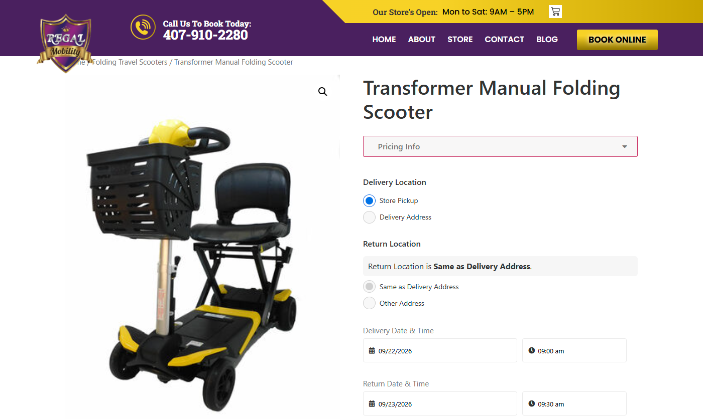 Regal Mobility Rentals product page, desktop view