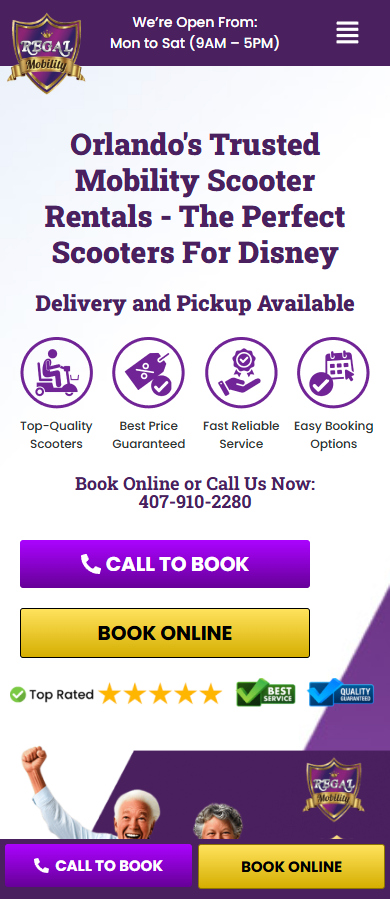 Regal Mobility Rentals home page, mobile view