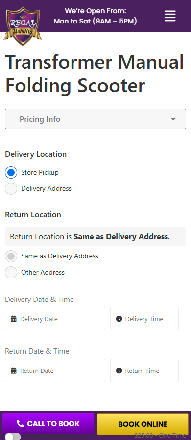 Regal Mobility Rentals product page, mobile view