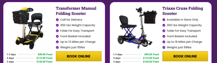 Folding mobility scooters and wheelchairs available to rent from Regal Mobility Rentals