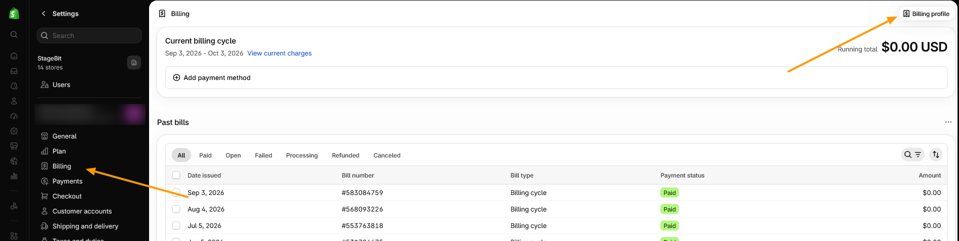 Shopify admin Billing profile screen with the Address and currency section and Manage button for updating the billing address