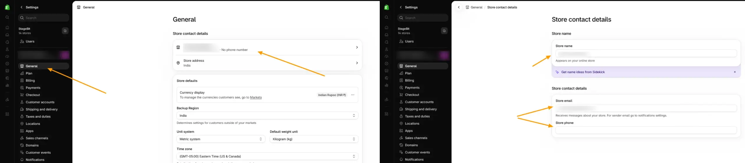 Shopify admin Settings General page showing the Store contact details section and Business details section as two separate areas on the same page