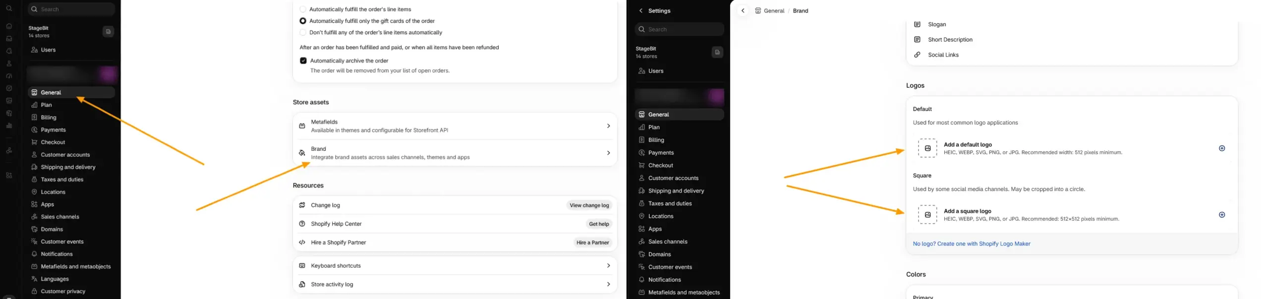 Shopify admin Brand assets panel showing the Logos section.