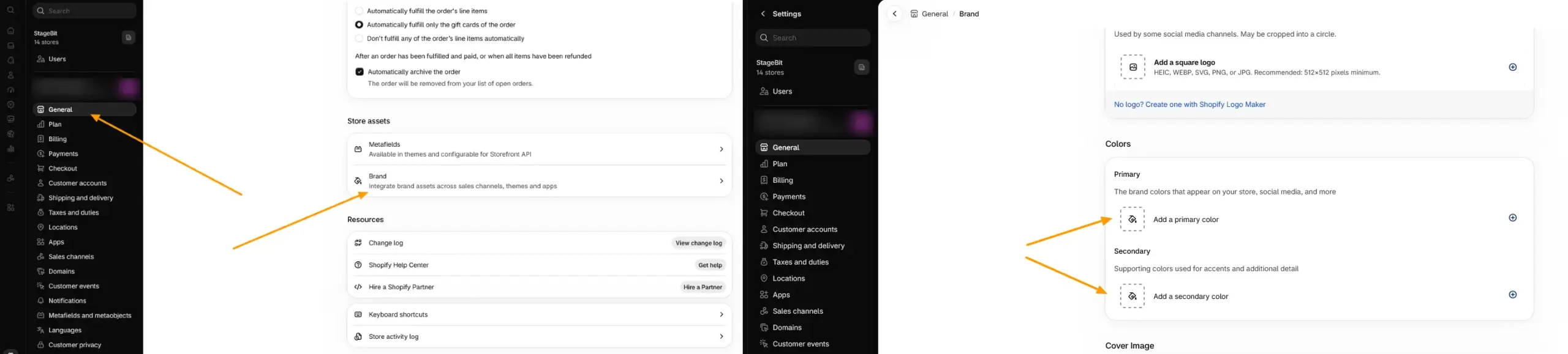 Shopify admin Brand assets panel showing the Colors section with primary and secondary color pickers