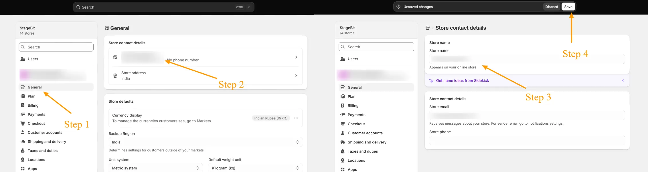 Shopify admin Settings General page showing the Store contact details section with the Store name field open for editing
