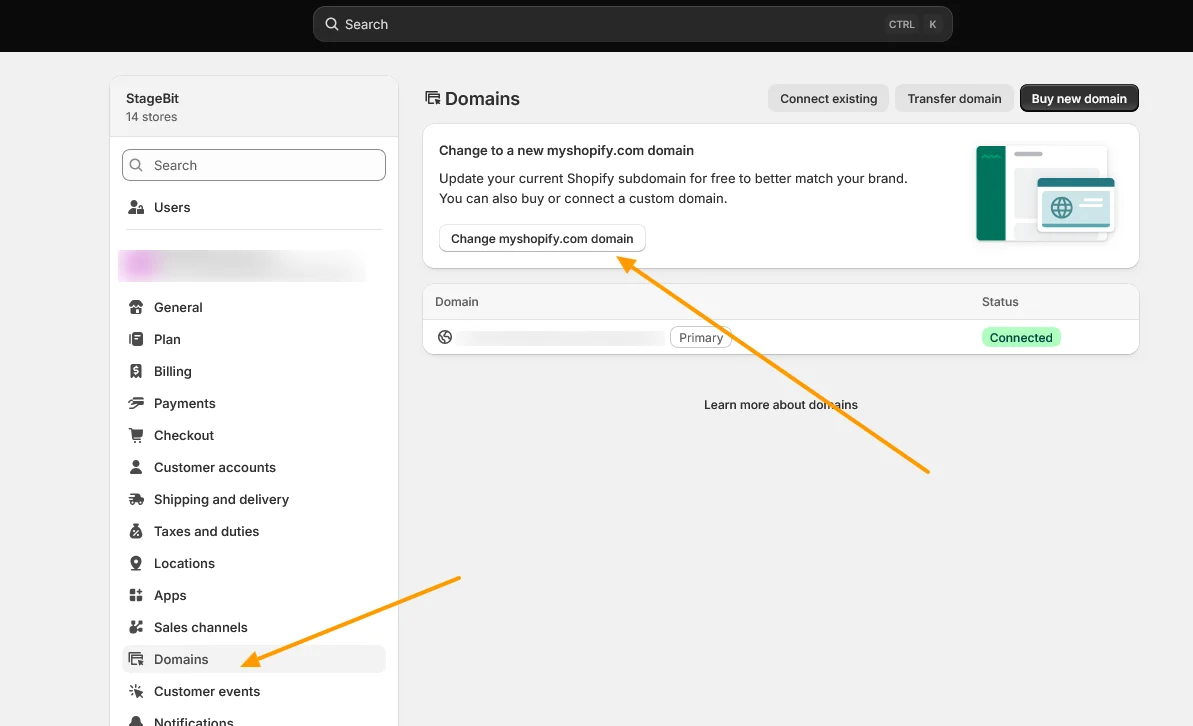 Shopify admin Settings Domains page showing the Change to a new myshopify.com domain card and Change myshopify.com domain button