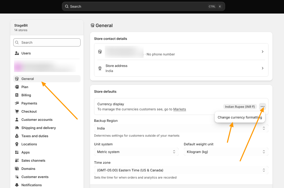 Shopify admin Settings > General page showing the Store defaults section with the Currency display field and its options menu” /><ol start=