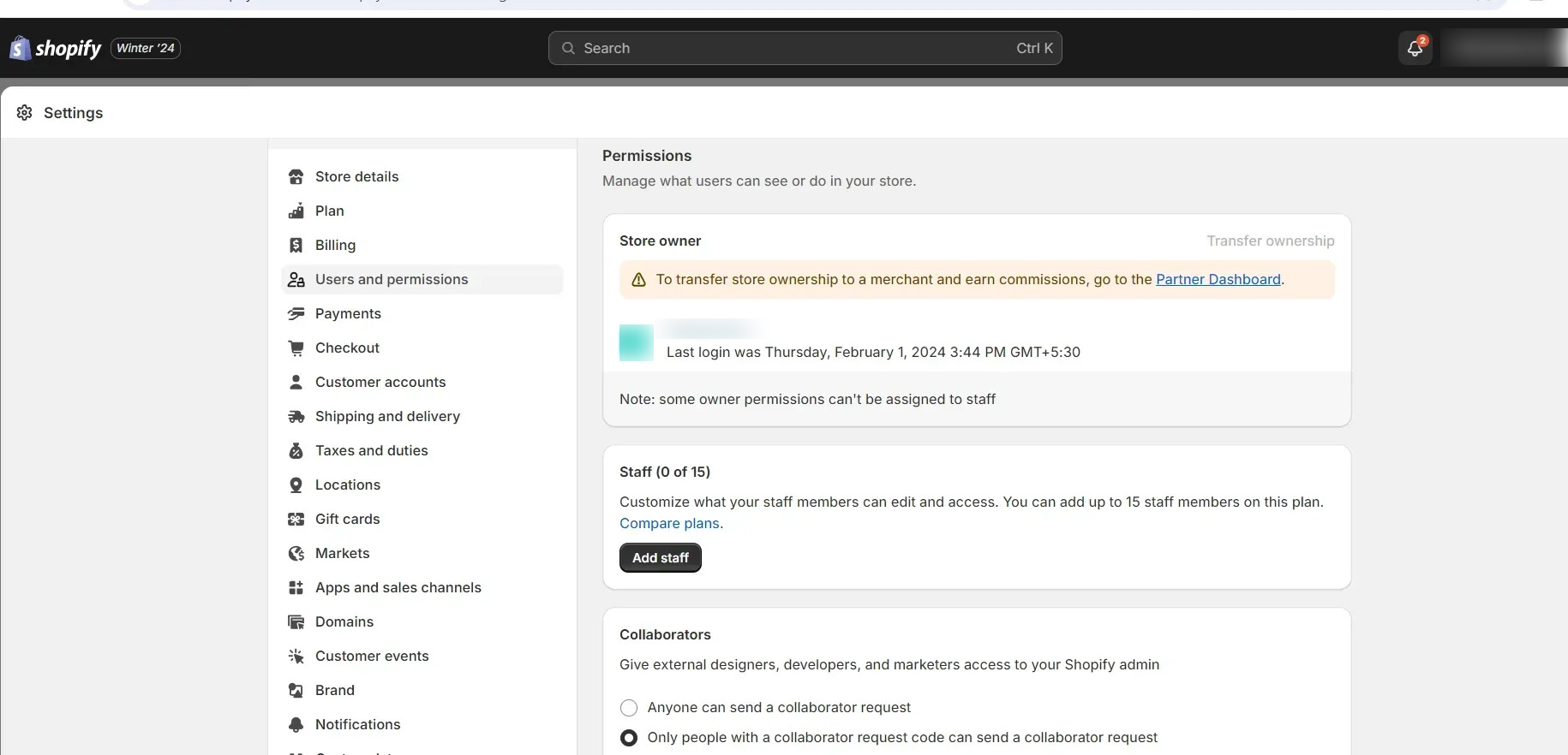 Shopify admin Users and permissions screen showing the staff account limit on the current plan