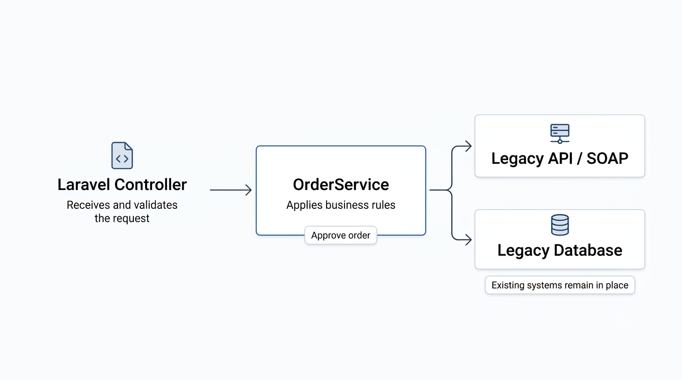 Laravel service layer diagram showing a controller passing requests to an OrderService, which connects to an existing legacy API or SOAP service and database.